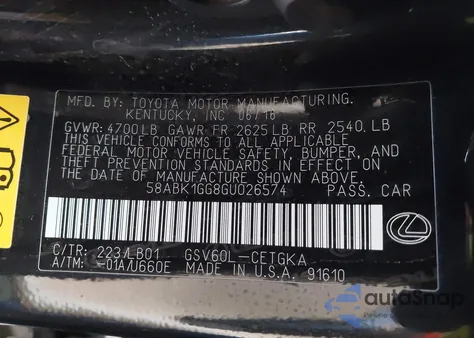 2016 Lexus Es 350 z USA, uszkodzony, nr VIN 58ABK1GG8GU026574